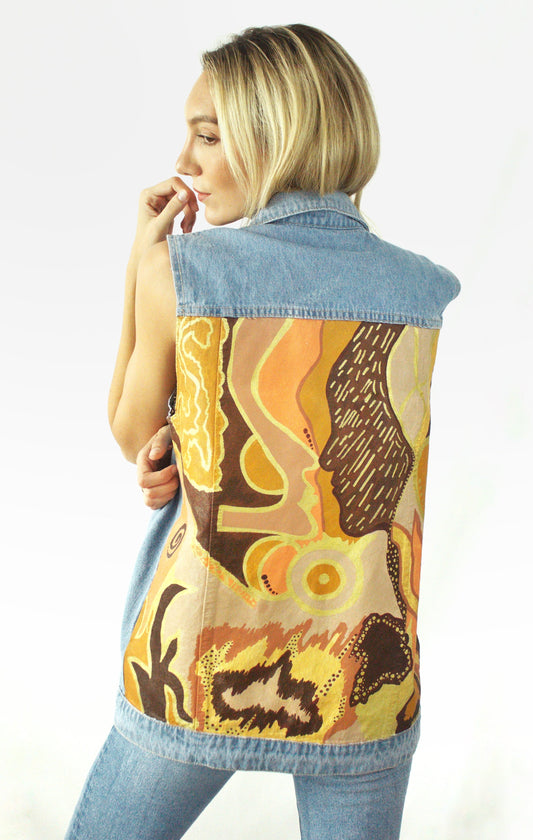 Hand-painted long denim vest with abstract design in brown and golden accents for women