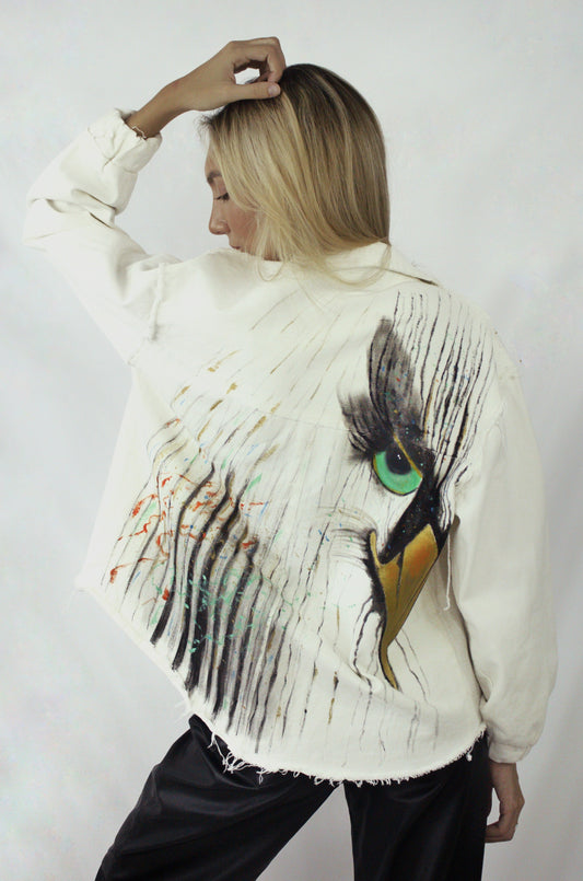 Hand-painted white gabardine jacket with eagle design and golden and silver feather details for women